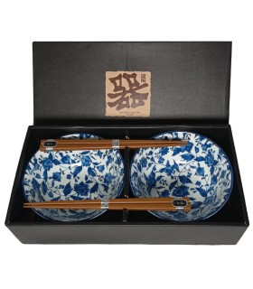 Set ciotole in polcerana fiore blu con bacchette da 2 - HIBIKI