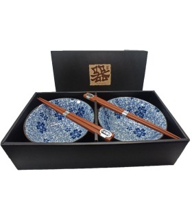 Set di stoviglie giapponesi in porcellana con motivo Sakura - 2 ciotole e 2 bacchette in banbù