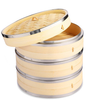Cestelli Di Bambu Set Da 3 Piani più Coperchio Rinforzo ad anello in acciaio inox - 21cm