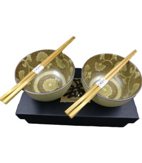 Set 2 Ciotole Ceramica per Riso Giapponese Marrone con Bacchette Confezione regalo